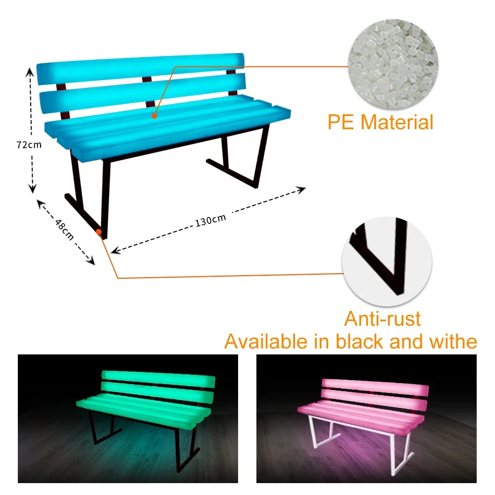 12V RGB Illuminated PE Plastic Seat Outdoor Garden Bench Chairs LED Garden Furniture LED Park Bench