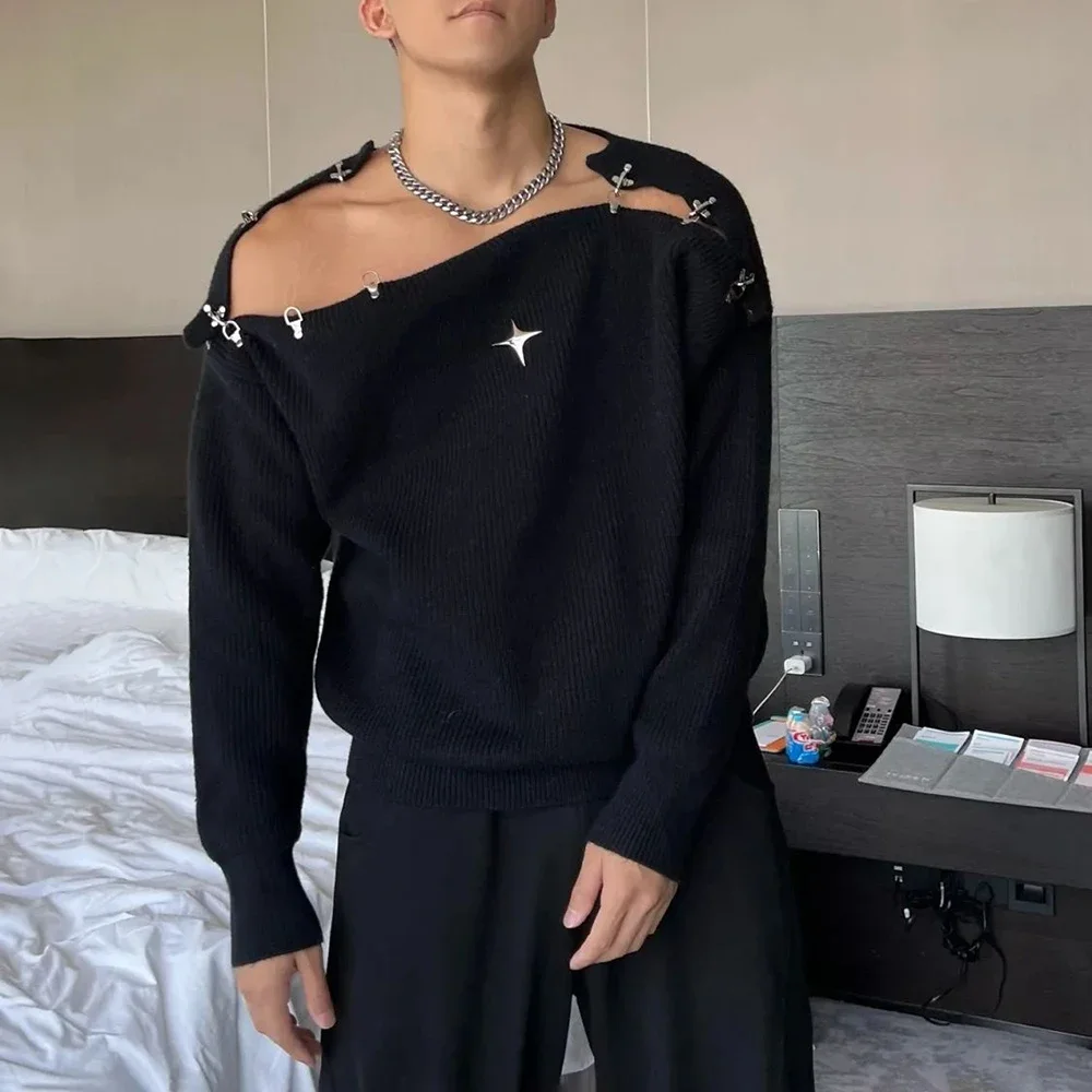 

Mens Autumn Winter Metal Shoulder Buckle Y2k Off-Shoulder Knitted Sweater Essential Hollow Lazy Style Loose Sweater For Men