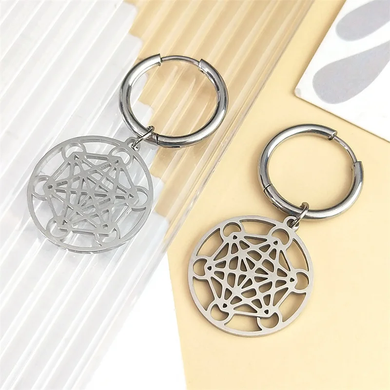 Sacred Geometry Solomon Hoop Earring Women Black Color Stainless Steel Metatron Archangel Angel Seal Earrings Jewelry E1714S08