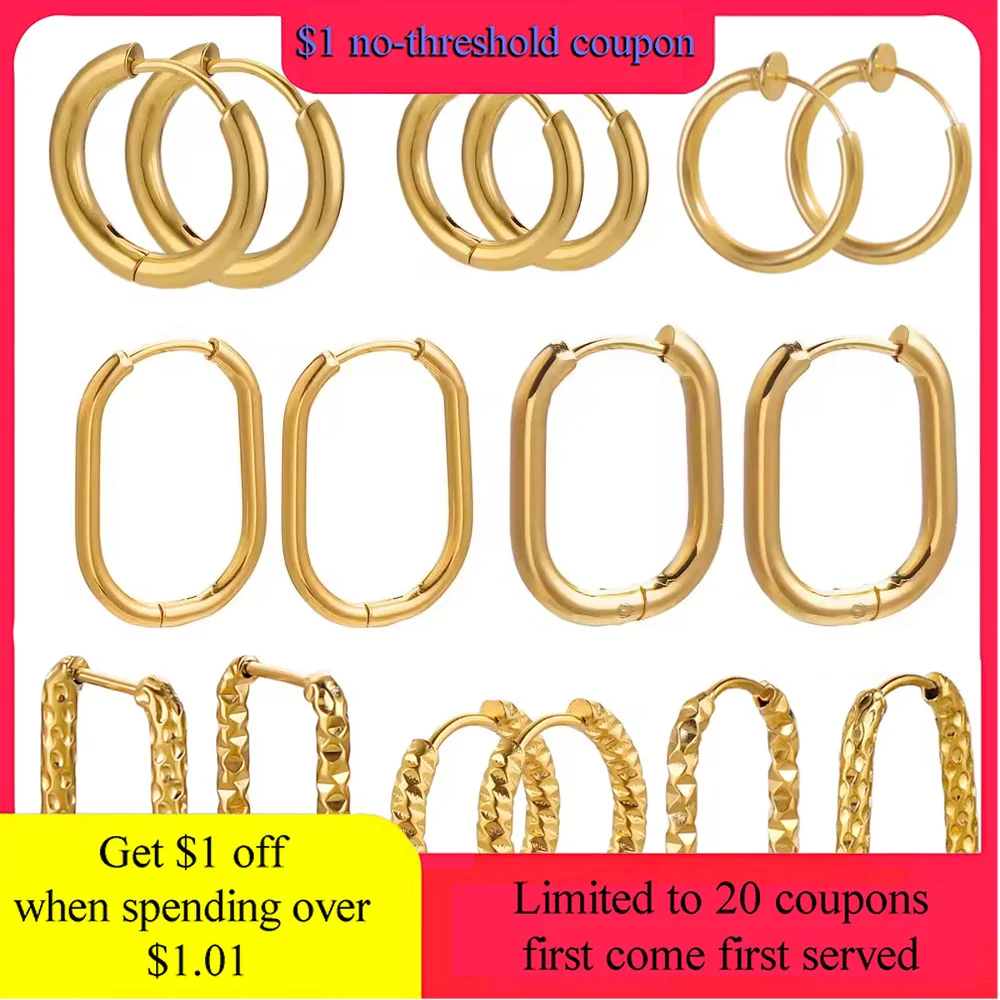6PCS Stainless Steel Hoop Round Textured Earrings for DIY Woman 18K PVD Gold Square Charm Jewelry Making Findings Wholesale