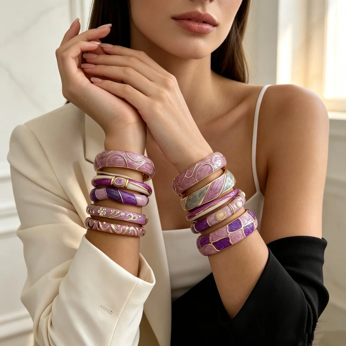 Ästhetisches Armband aus Emaille der Purple-Serie für Damen und Herren, Vintage-Punk-Stil, unregelmäßiger Block, gedreht, wellig, breiter Statement-Armreif, Schmuckstück – Detail 13