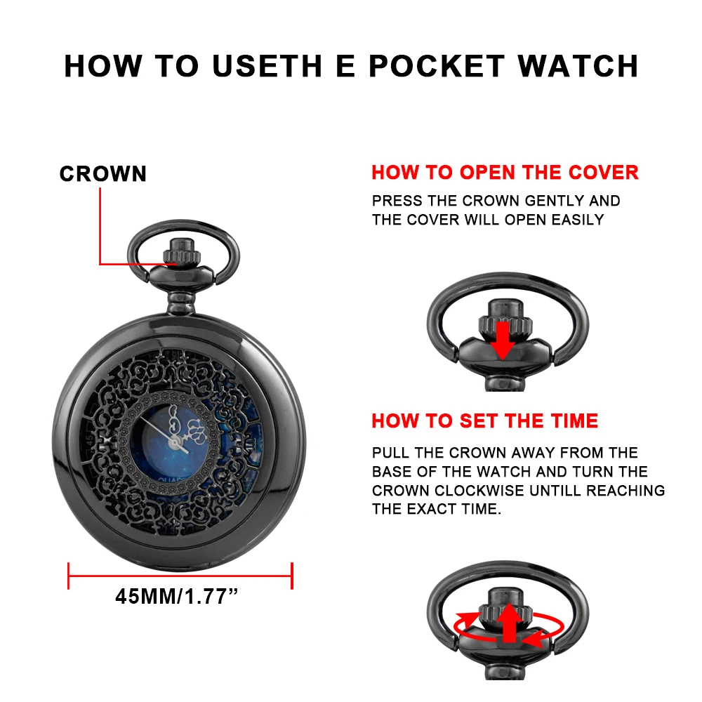 Vintage Black Starry Sky Hollow Retro Quartz Pocket Watch Pocket Watches for Women Men with Fob Chain Christmas Birthday Gifts