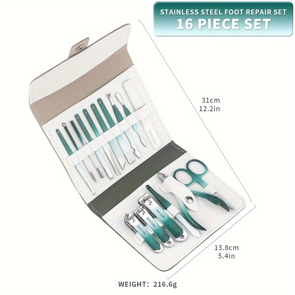 16 unids/set juego de manicura Kit de funciones completas cortaúñas juegos de pedicura de acero inoxidable con estuche portátil de cuero Idea de regalo