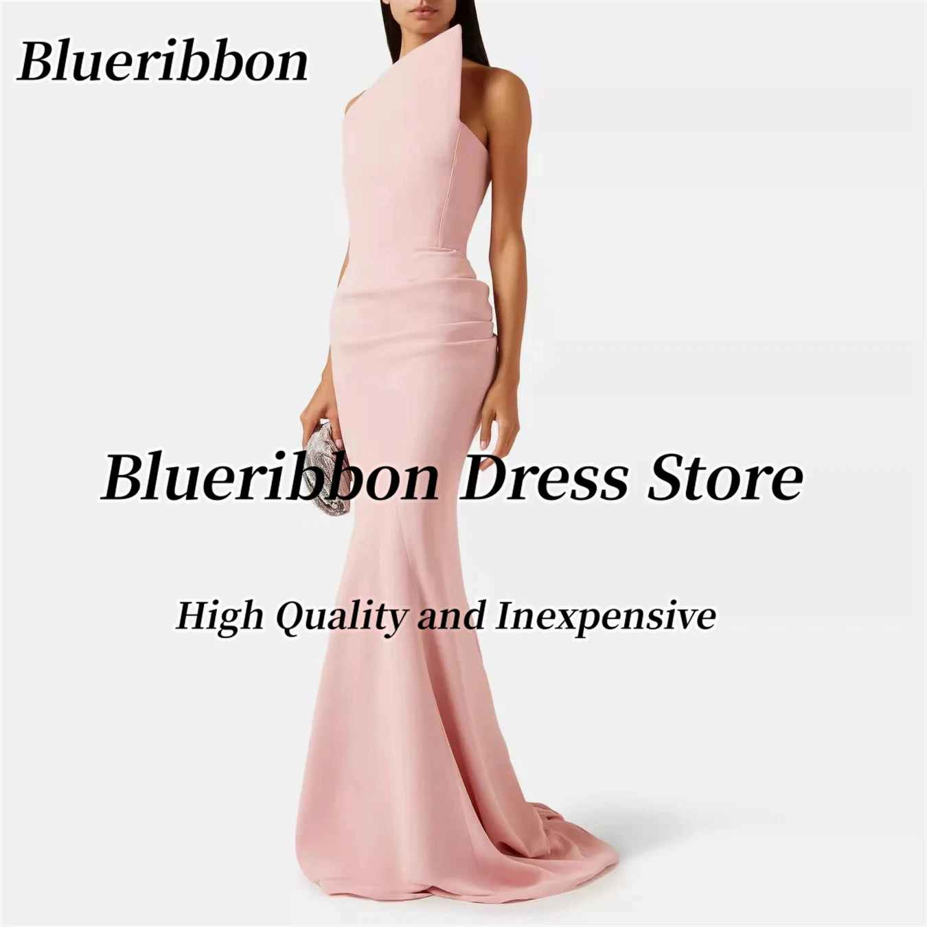 

Blueribbon Asymmetrical Neckline Prom Dresses Ruced Mermaid Long Sweep Bridesmaid Dress for Wedding Party Evening Gowns