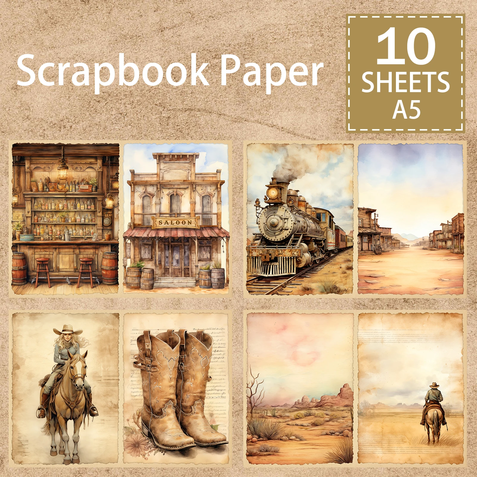 10 Sheets A5 Size Western Cowboy Desert Tavern Background Vintage Grunge Journal Planning Scrapbooking