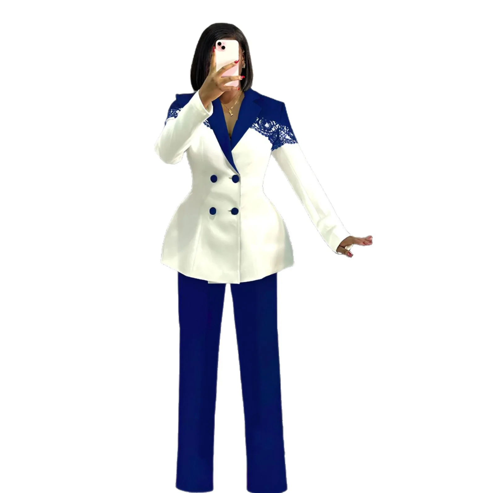 2026 recém chegados rendas apliques terno feminino duas peças conjunto moda botões duplos mangas compridas casaco e calças roupas senhora do escritório