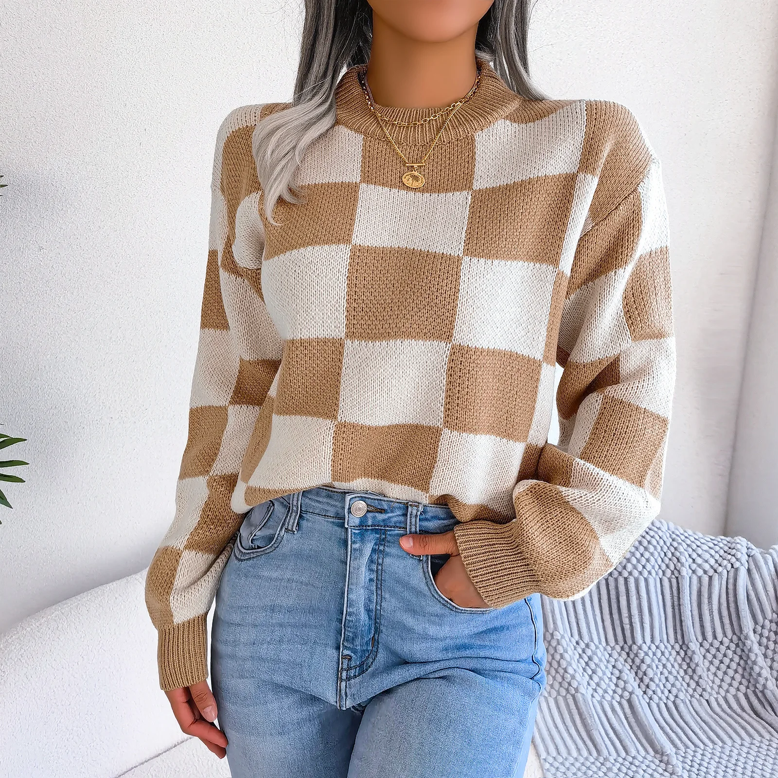 Women Fall Autumn Winter Knit Sweater Cozy Plaid Long Sleeve Crew Neck Sweater Y2K Street Date Pullover Ribbed KnittD Jumper Top