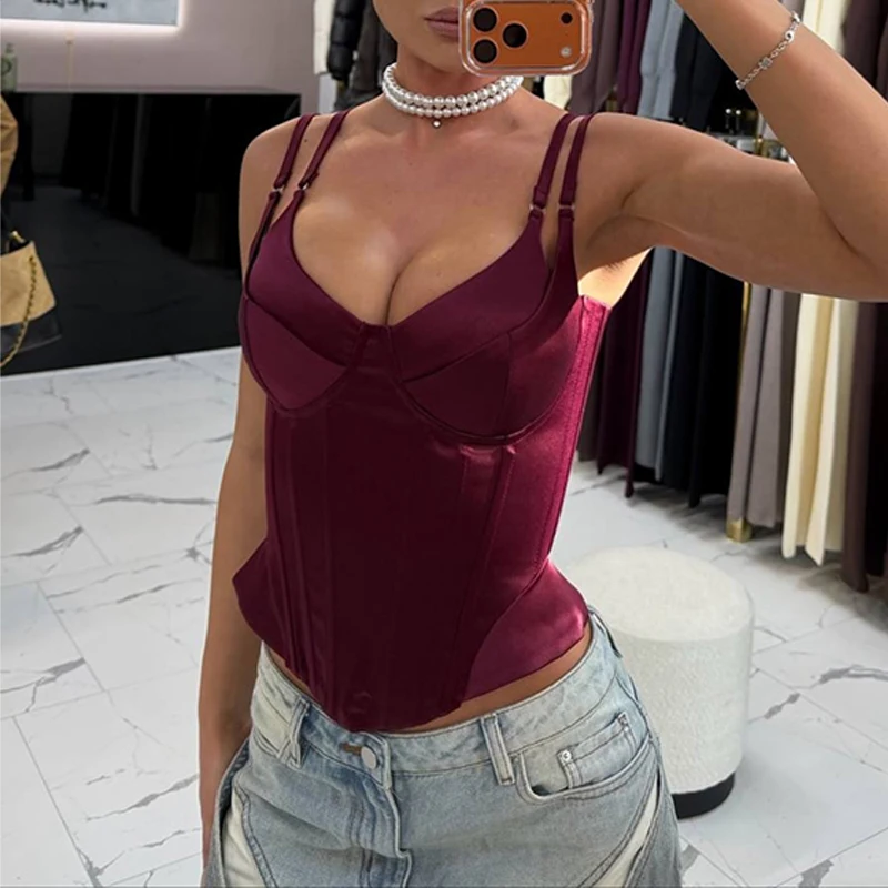 OMSJ French Style Sexy Women Double Shoulder Strap Slim Vest Low-cut Neck Back Criss-cross Lacing Backless Corset Trend Tank Top