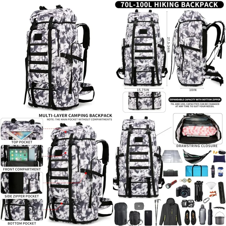 

Hiking Backpack for Men 70L/100L Camping Backpack Military Rucksack Molle 3 Days Assault Pack for Climbing Camping Backpack, 3