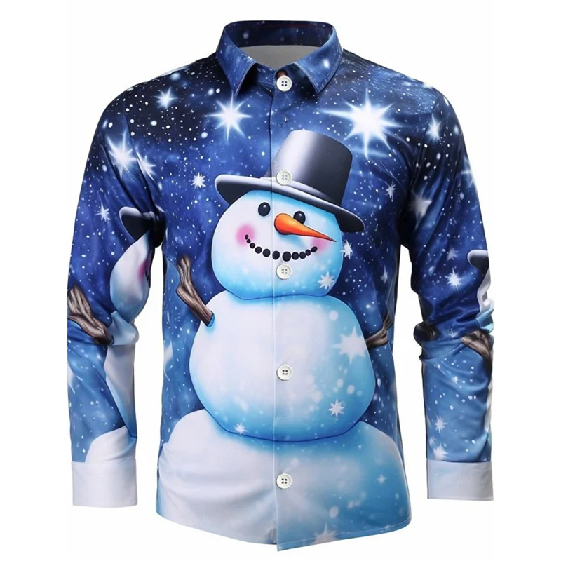 

3D Printed Santa Claus Snowman Hawaiian Shirts For Men Christmas Tree Pattern Aloha Shirts Loose Long Sleeve Lapel Tops Blouse