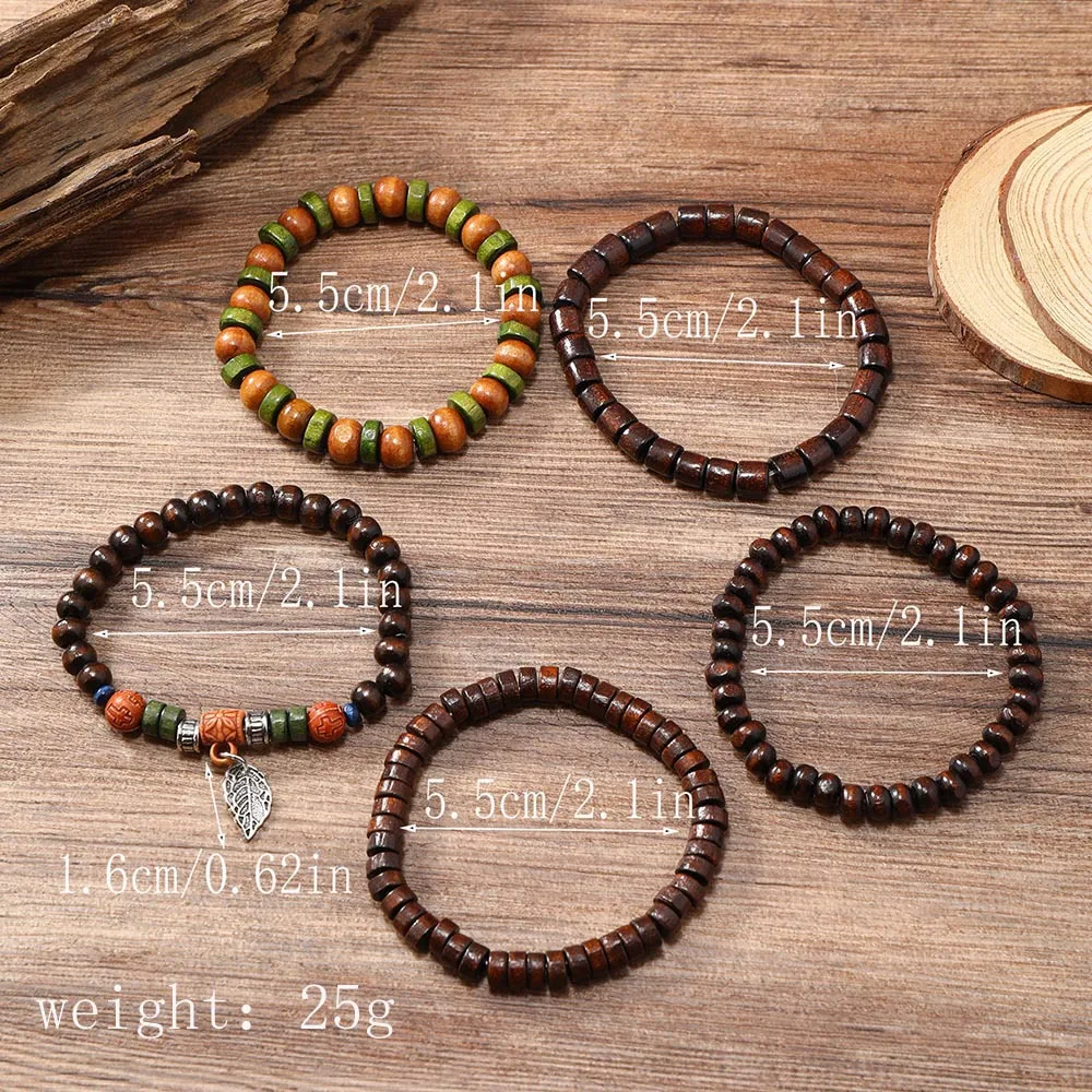 Bracelet For Men Bohemian Style Retro Multi-layer Beaded Wooden Bracelet, Character Trend Elastic Line Bracelet