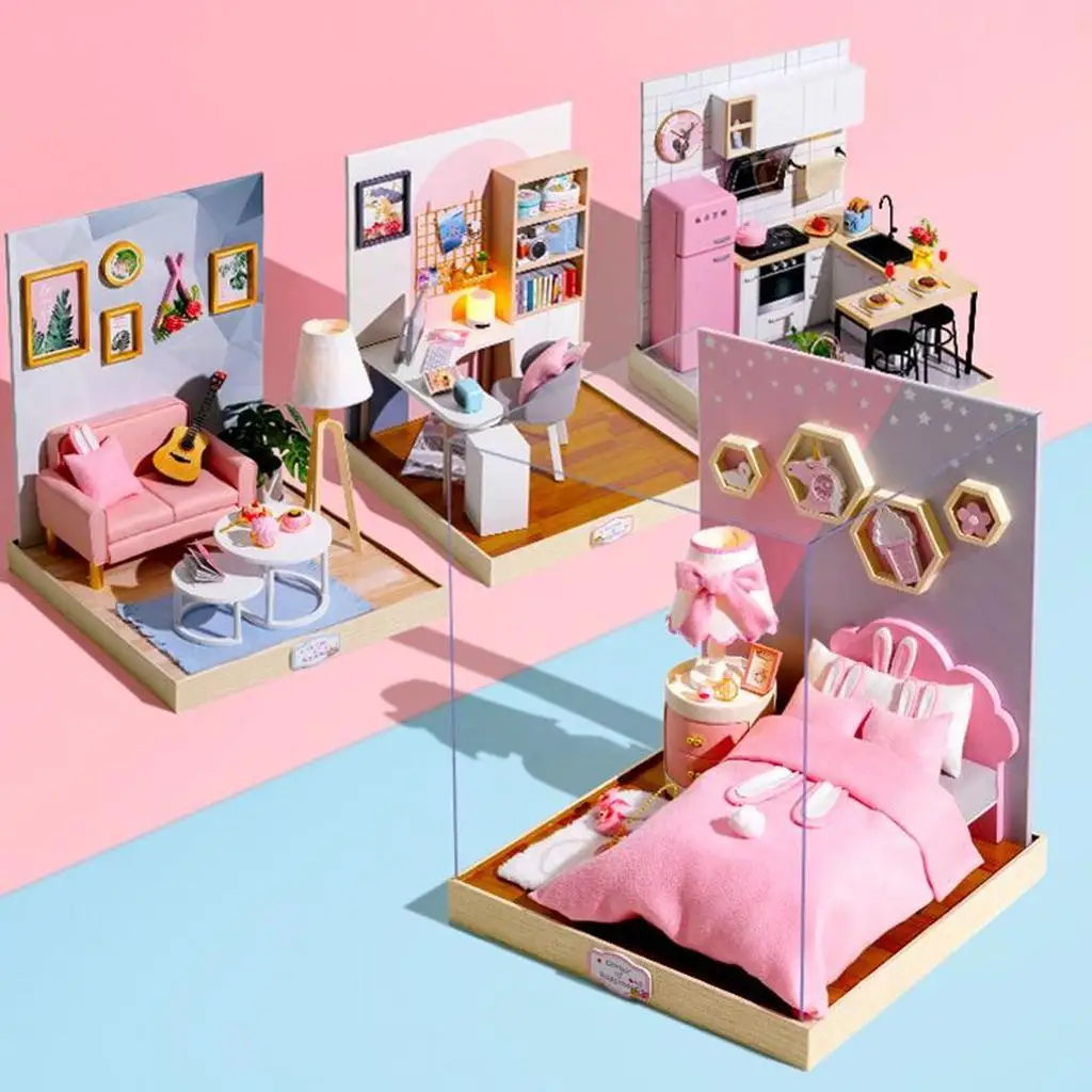 DIY ミニチュアドールハウス家具キット、手作りパズル & LED 付き、1:24 スケールクリエイティブドールハウス (味の)