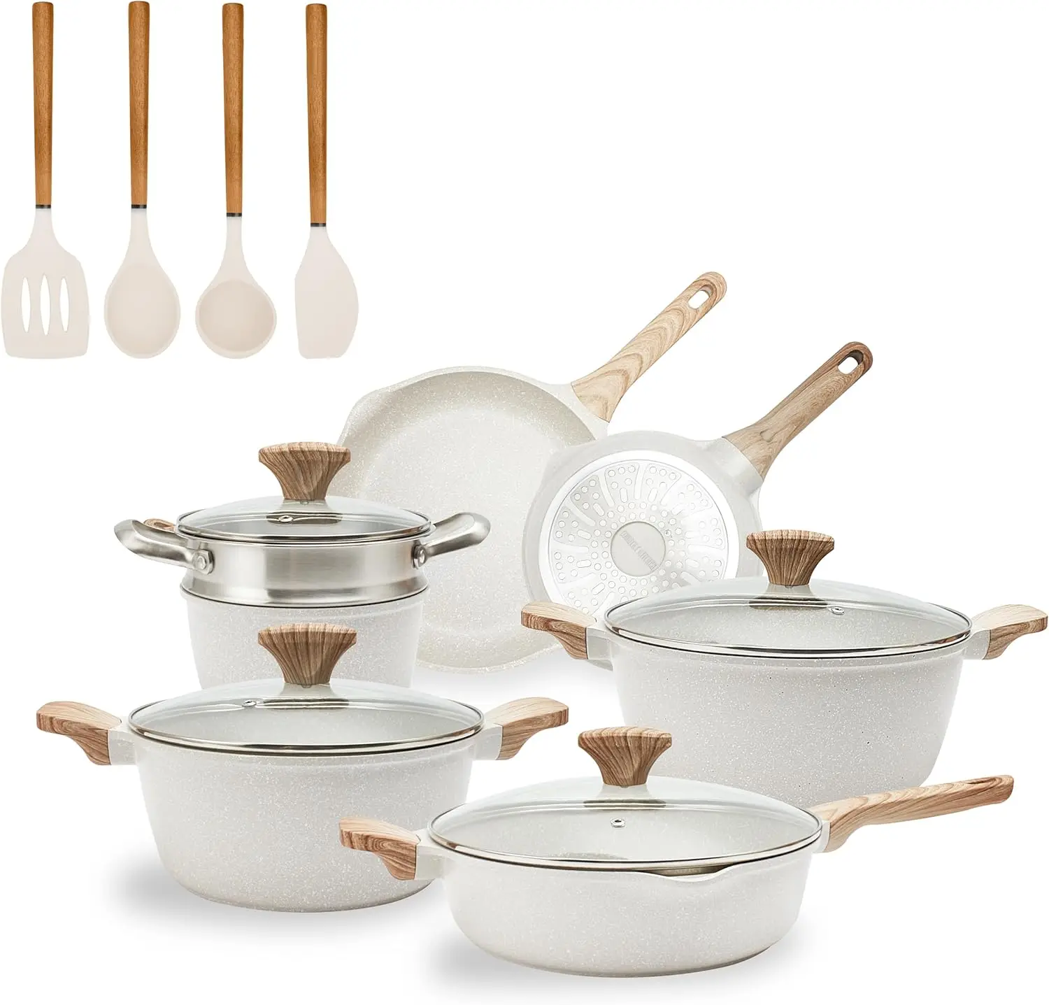 

Non-Stick Cast Aluminum Cookware Set - Durable Kitchen Cookware for Everyday Cooking, Cream, 15 Pc.