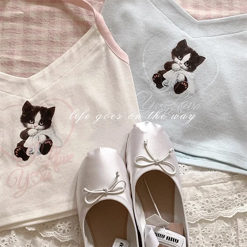 Y2k Crop Top for Sweet Girls Cute Tops Women Summer 2023 Cotton Camis Cat Print Lolita Style Cropped Kawaii Clothes