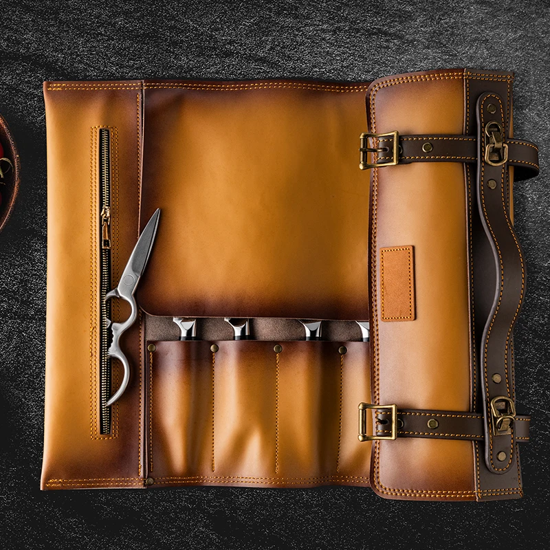 Imagem -04 - Grandsharp Authentic Cow Leather Knife Storage Roll Bolsa Impermeável Dobrável Chef Roll Bolsa Estojo Durável