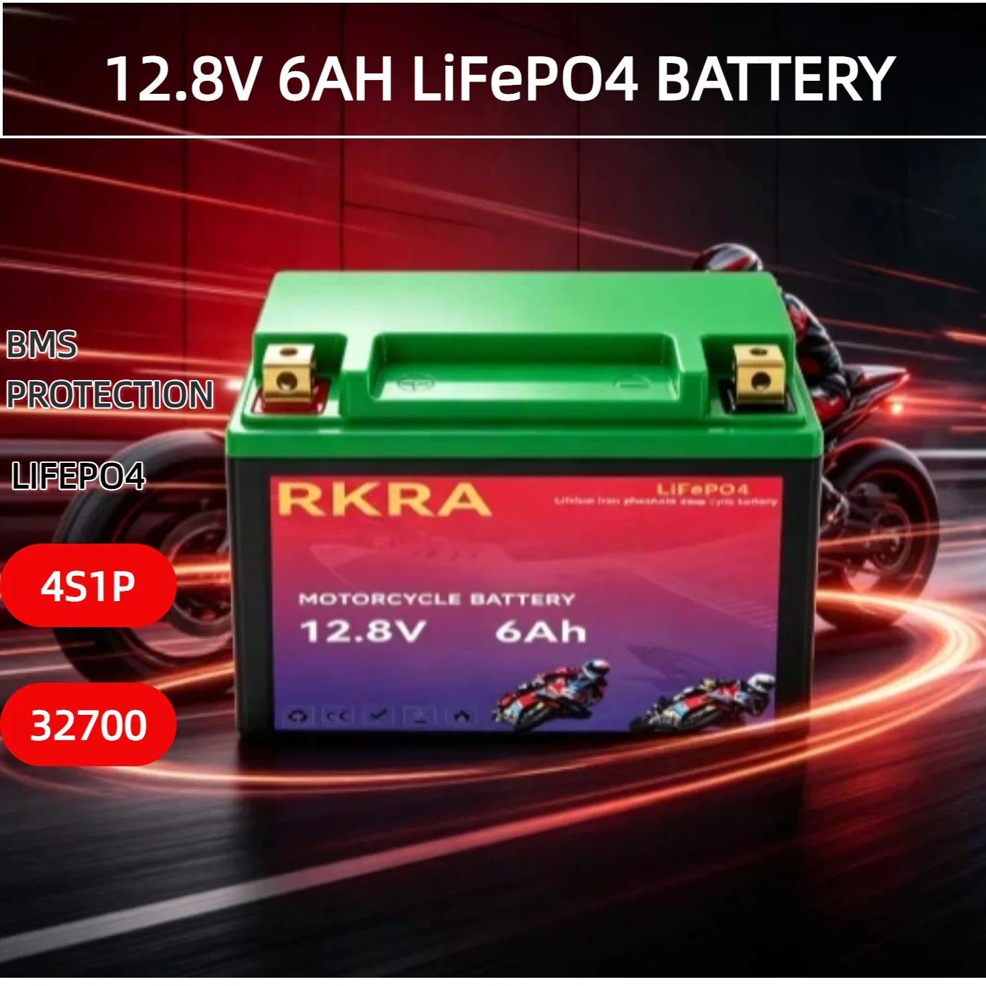 RKRA 12.8V 6Ah LiFePO4 Motorcycle Battery Lithium Iron Phosphate Rechargeable Starting Battery, Suitable for Motorcycle Scooter