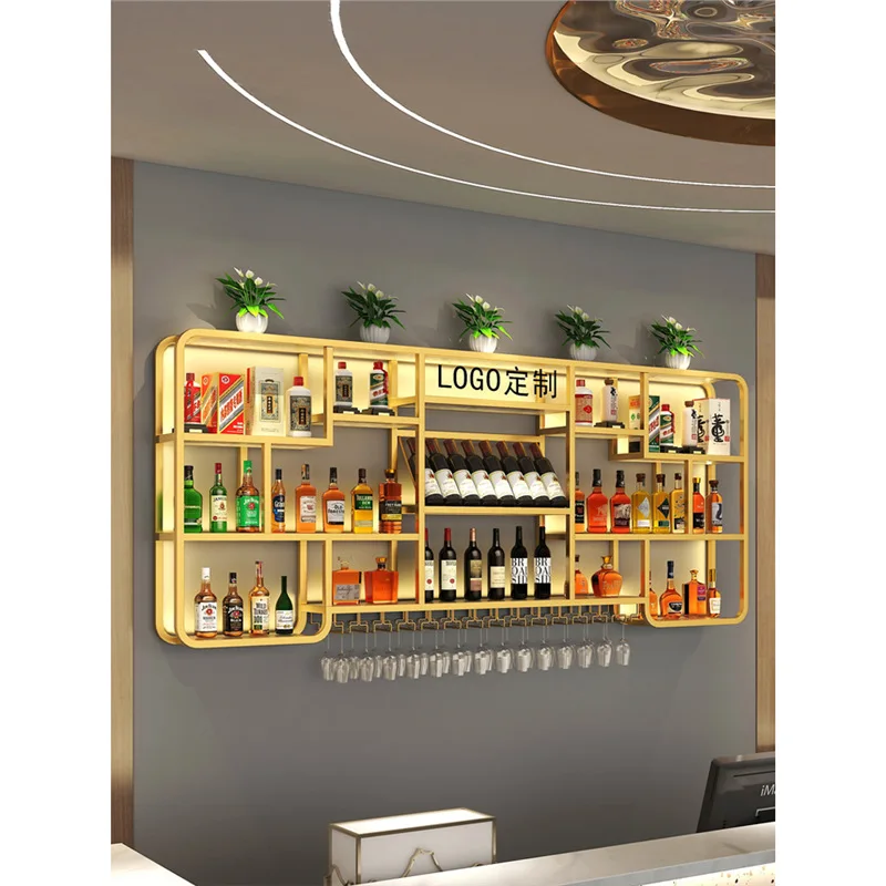 Restaurant wall-mounted wine cabinet display cabinet store simple wall wine rack bar luminous wrought iron wine rack