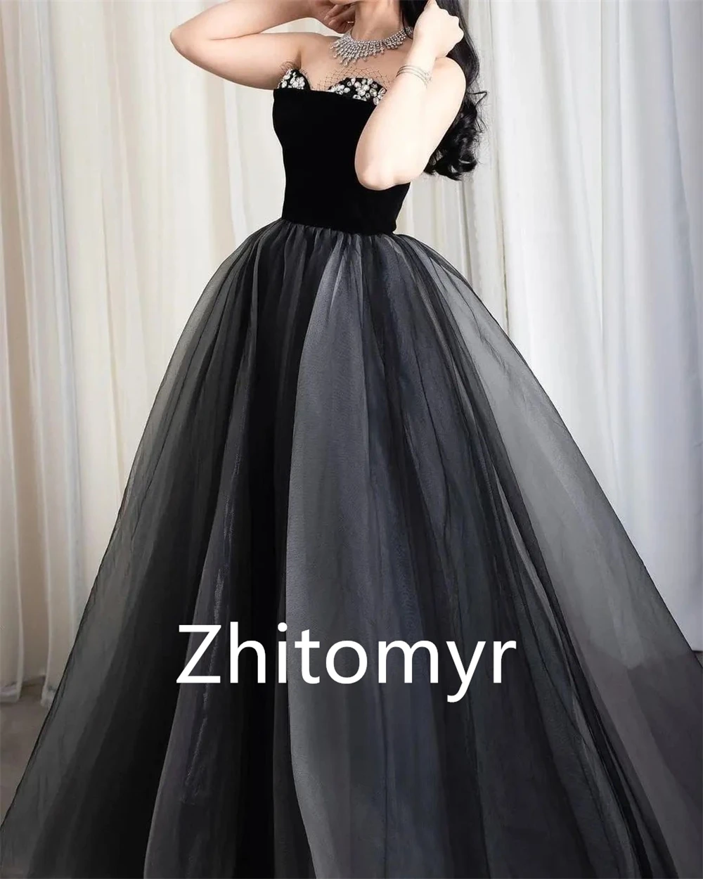 Customized Matching High Quality Strapless Ball gown Formal Ocassion Gown Beading Floor length Skirts Organza Evening Dresses 프롬