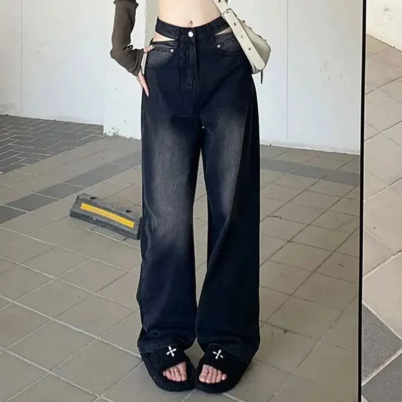 

Джинсы женские Y2K в американском ретро-стиле с вырезами, с высокой талией, свободные, в стиле Hotsweet, широкие штанины, базовые повседневные брюки