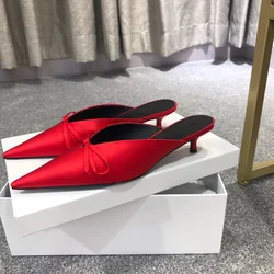 2024 New Pointed Half Pack Slippers Women's Bow Short Heel Cat and Muller Half Slippers