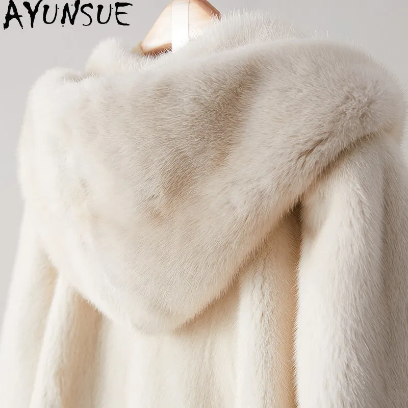 AYUSNUE Natural Mink Fur Coat Women Clothing Winter Jacket Woman Mid-length Warm Real Fur Coats Fashion Hoodie Шуба Женская