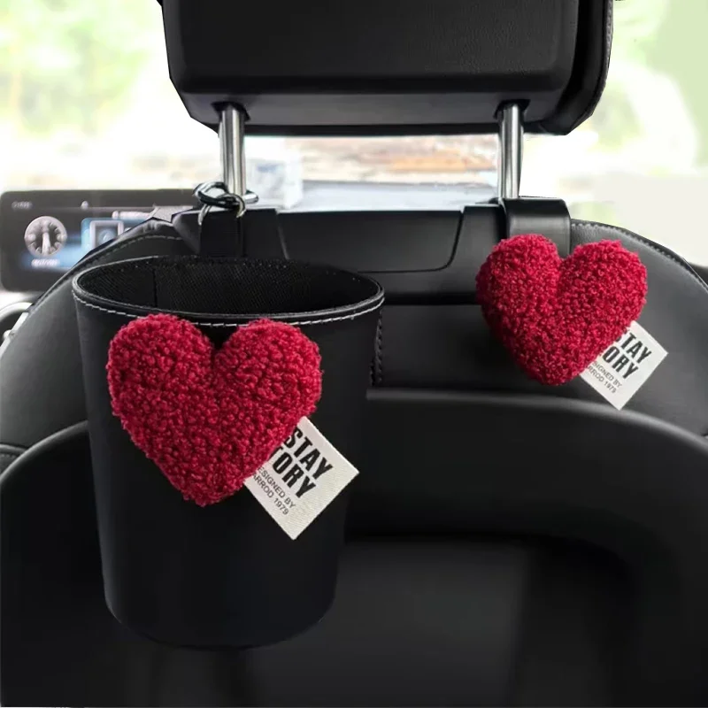 

Cute Retro Red Heart Car Trash Bin Back For Back Seat Headrest Hanging Organizer Rubbish Leather Storage Bag Auto Accessories