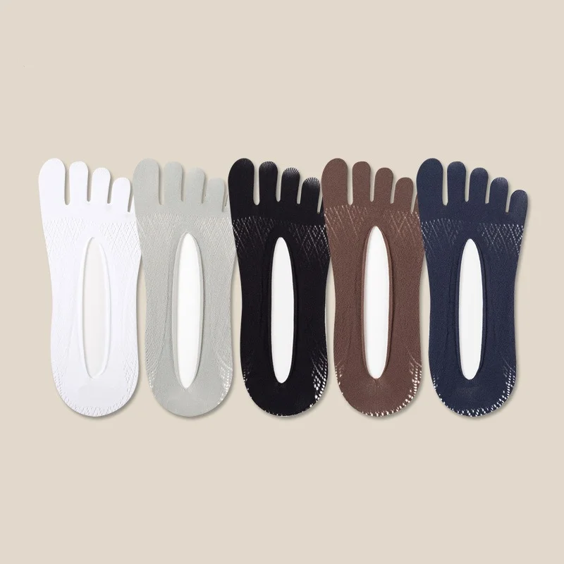 1/5 Pairs Men's 5-Toe No Show Socks Summer Thin Velvet Toe Separator Low Cut Invisible Boat Socks Anti-Slip Breathable