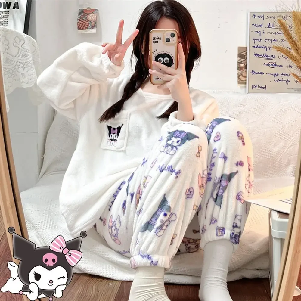 

Kuromi 2Pcs Girls Cartoon Plush Pajamas Suit Anime Kawaii Hello Kitty Pochacco Winter Cute Women Thicken Homewear Soft Girls