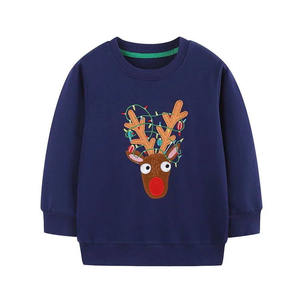 2026 2-7T Christmas Long Sleeve Boys Girls Sweatshirts Deer Applique Autumn Winter Children's Clothes Hooded Shirts Baby Tops