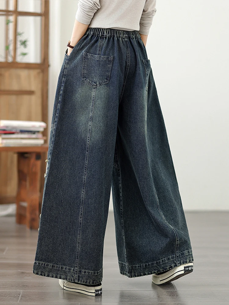 

NYFS 2025 винтажные модные свободные женские джинсы больших размеров с эластичной резинкой на талии, осенние джинсовые широкие брюки