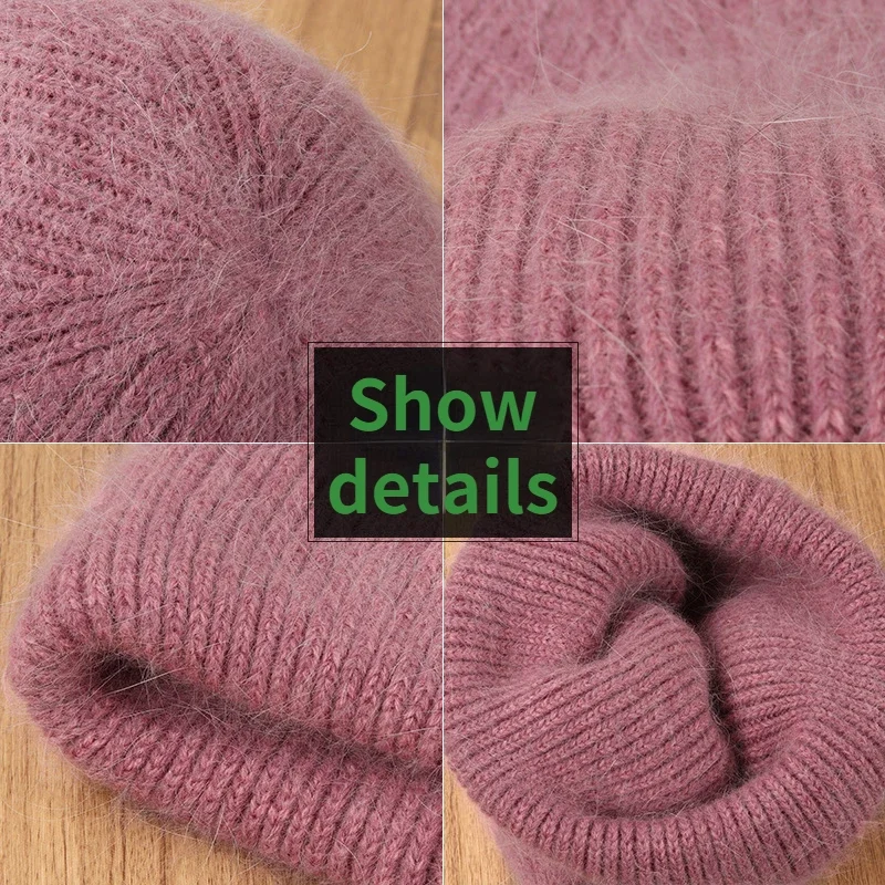 Winter Real Rabbit Fur Knitted Beanies For Women Fashion Solid Warm Cashmere Wool Skullies Beanies Female Three Fold Thick Hats