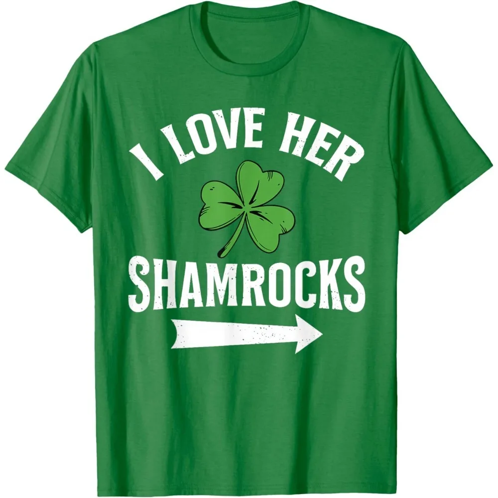 St. Patrick's Day I Love Her Shamrocks T-Shirt Couple Matching Irish  Shamrocks Graphic Tee Casual Cotton Top Women Holiday