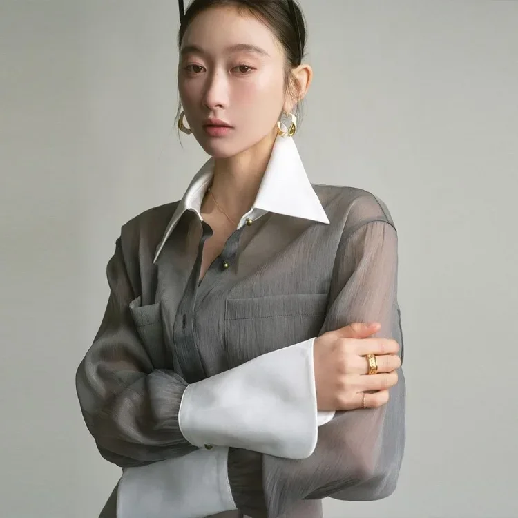 Elegante Mode Revers Neck Grau Shirts Frauen Frühen Herbst Neue Einreiher Blusas Mujer Y2k Grunge Lange Hülse Lose Blusen