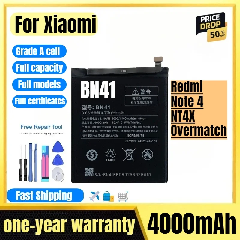 BN41 for Xiaomi Redmi Note 4/NT4X Overmatch Phone Battery High Quality High Capacity Replacement Bateria Grade A Cells with Tool