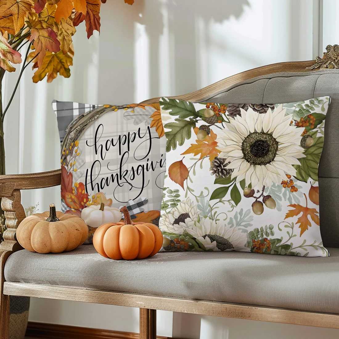 45 * 45cm Autumn Theme Pillow Cover ， Sunflower, Pumpkin, Watercolor Style for Home Decoration Sofa Cushion Cover Thanksgiving