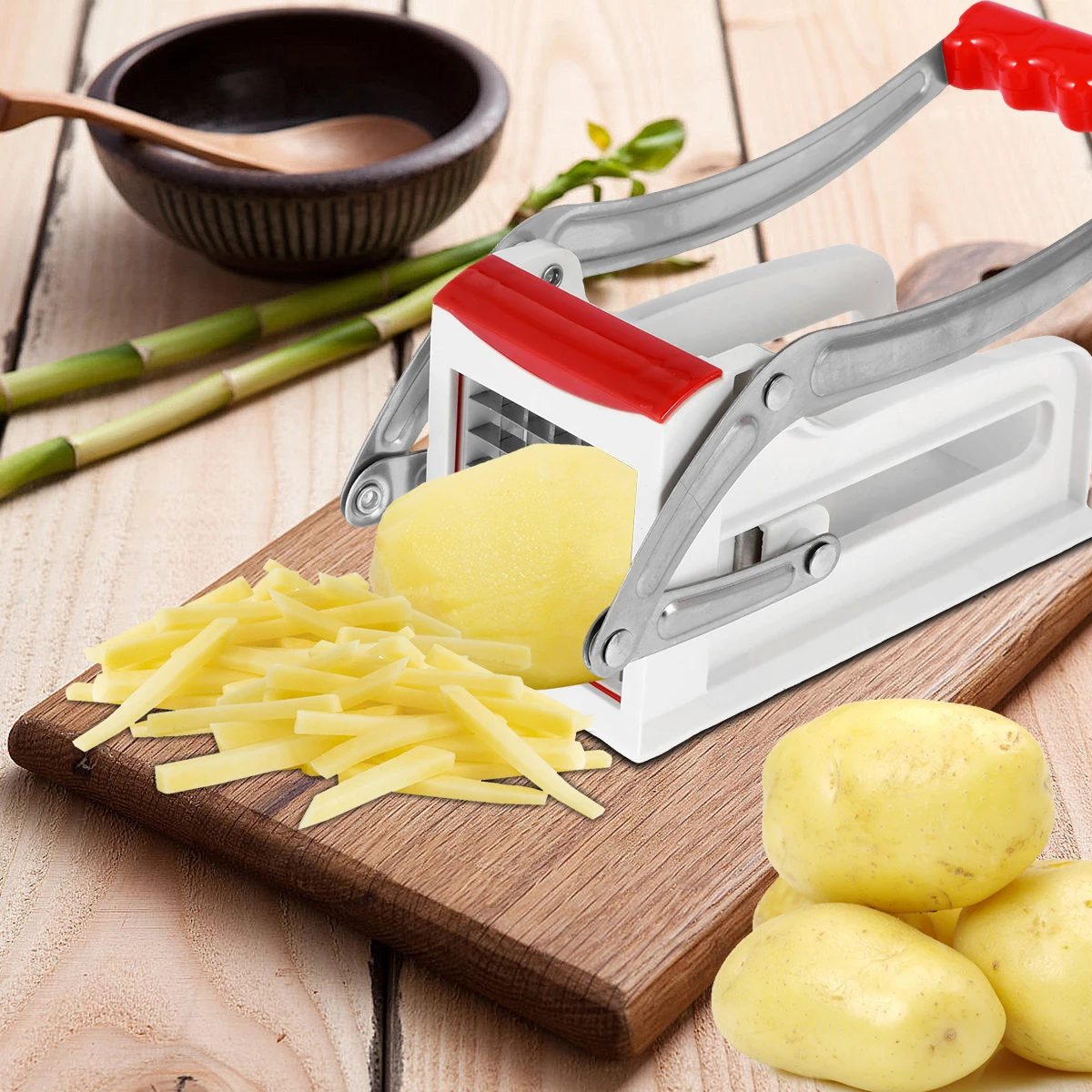 French Fry Cutter Stainless Steel Potato Chipper with 2 Blades Manual Food Slicer Dicer Multifunction Vegetable Fruit Chipper