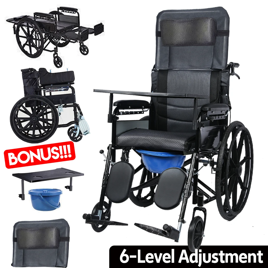 24" Lightweight Foldable Wheelchair 6-Level Recline w/ Dining table Safety Belt