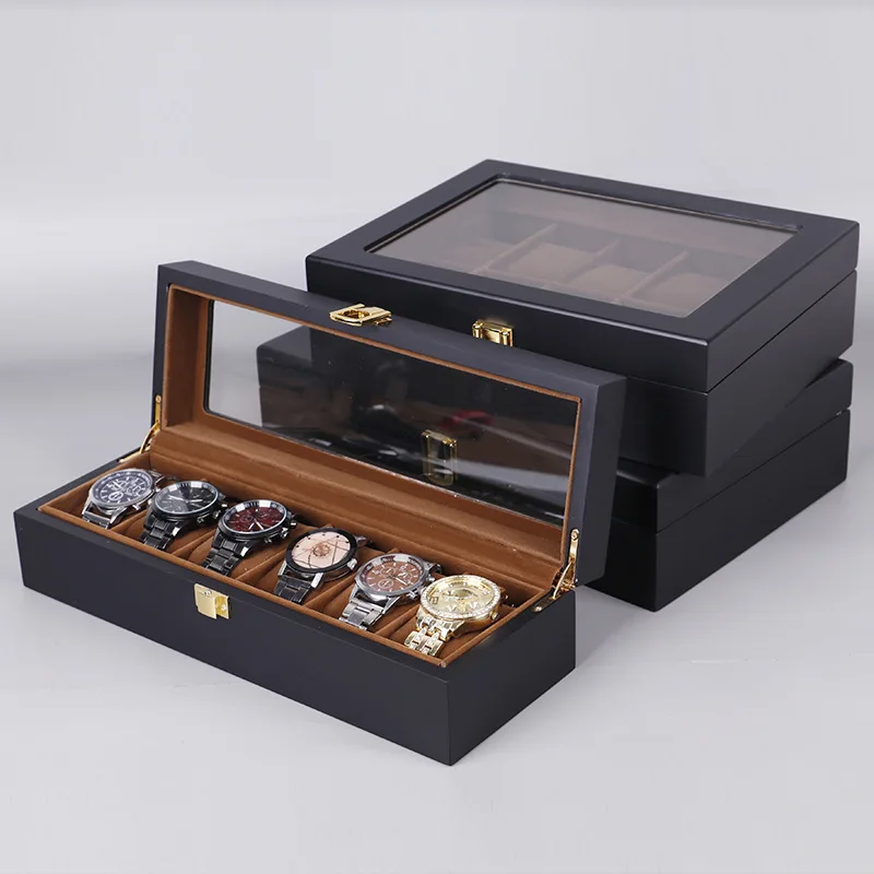 6/10/12 Slots Wood Watch Box Organizer Black Watch Gift Box Case With Glass Window New Mens Watch Holder Watch Collection Box