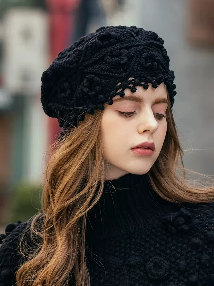 Crochet Fringe Beret Women Autumn and Winter French British Vintage Cashmere Knitted Hat Beautiful Handmade Cashmere Hat