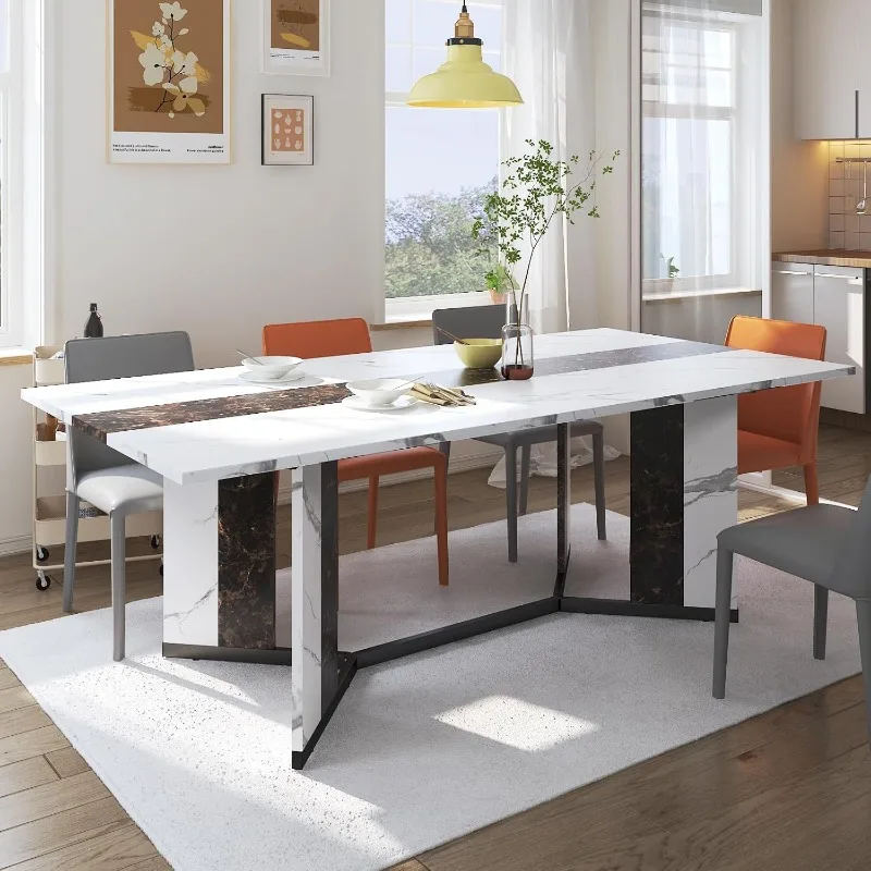 71In Large Rectangular White Dining Table for 4 5 6 7 8 People w/35 Marble-Color Wood Watrproof Tabletop,Adjustable Leg