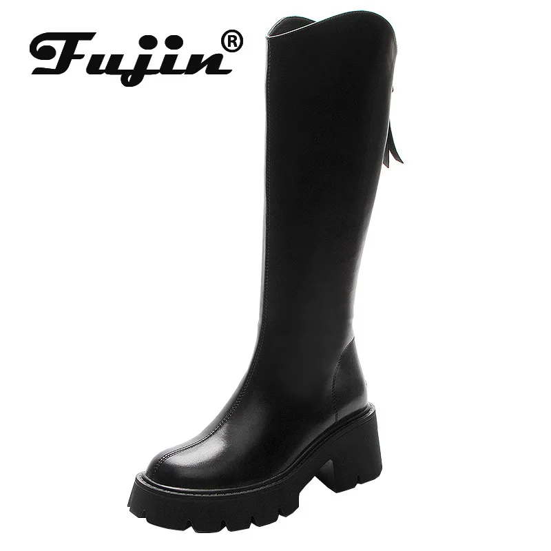 Fujin 7cm Full Cow Genuine Leather Women Boots Platform Wedge Heel Knee High Boots Shoes Zip Punk Motorcycle Boots Autumn Winter