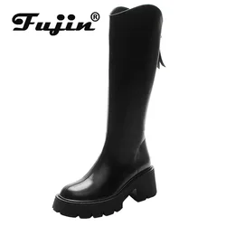 Fujin 7cm Full Cow Genuine Leather Women Boots Platform Wedge Heel Knee High Boots Shoes Zip Punk Motorcycle Boots Autumn Winter