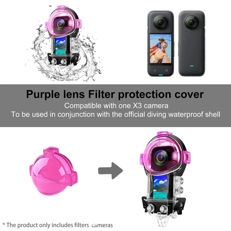 Dive Filter For Insta360 X3 Dive Case, Color Correction In Scuba Diving, Snorkeling And Underwater Photos Videos, Purple Durable