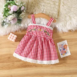 Summer Red Plaid Flower Embroidered Hanging Strap Baby Girl Dress Cute Lace Beach Girl Princess Dress