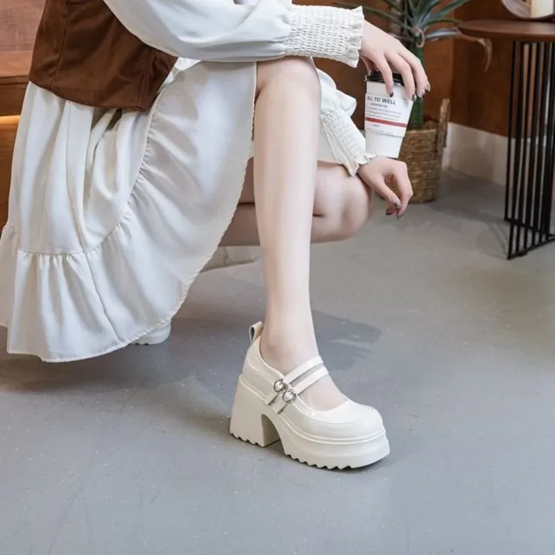 Mary Jane Chunky Heels with Thick Soles New Slip-on Leather Shoes with Muffin Bottom Small Princess Elevating Sweet Student Shoe