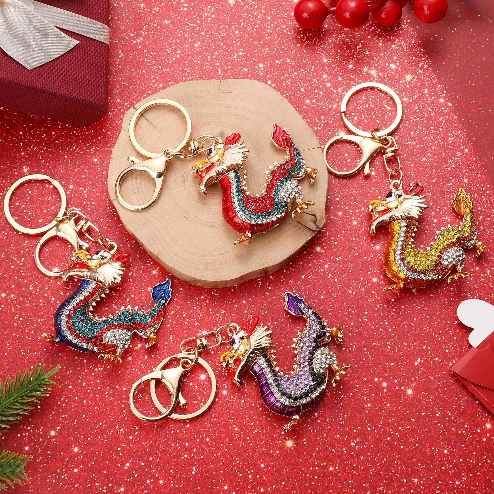 Dragon Keychains With Rhinestones Inlay Lucky Chinese Dragon Hanging Ornament Keyring 3d Cartoon 2024 New Year Gifts Key Holders