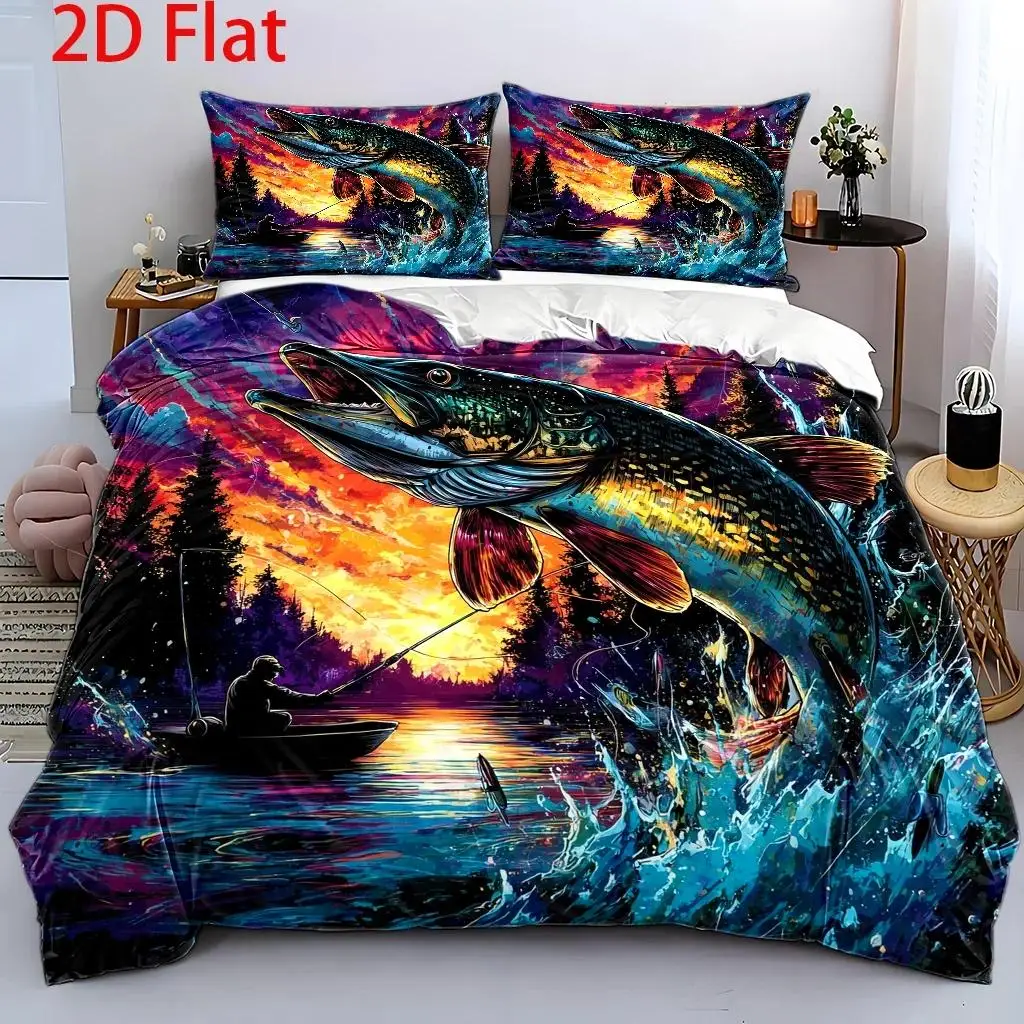3Pcs Duvet Cover Set, 1 Duvet Cover + 2 Pillowcases, No Filler, 2D Flat Printing, 3Pcs Duvet Cover Set, Fish Leaping Theme Patte