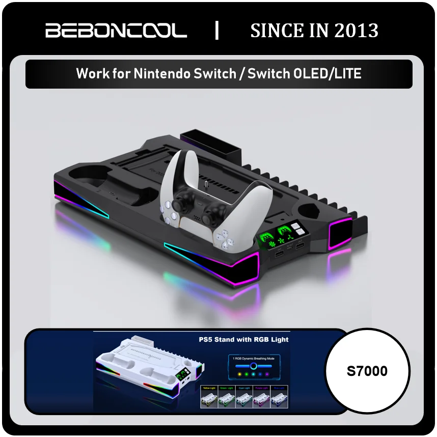 BEBONCOOL S7000 RGB Cooling Stand For PS5 Slim/PS5 Digital/Disc Vertical Cooling Station Cooler PS5 DualSence Gamepad Charger