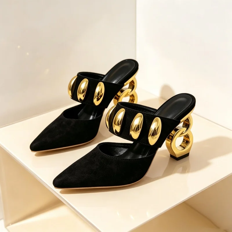 Fashion Minimalist Women Sandals Comfort Back Hollow Design Special Shape Heels with Gold Buckle Accent