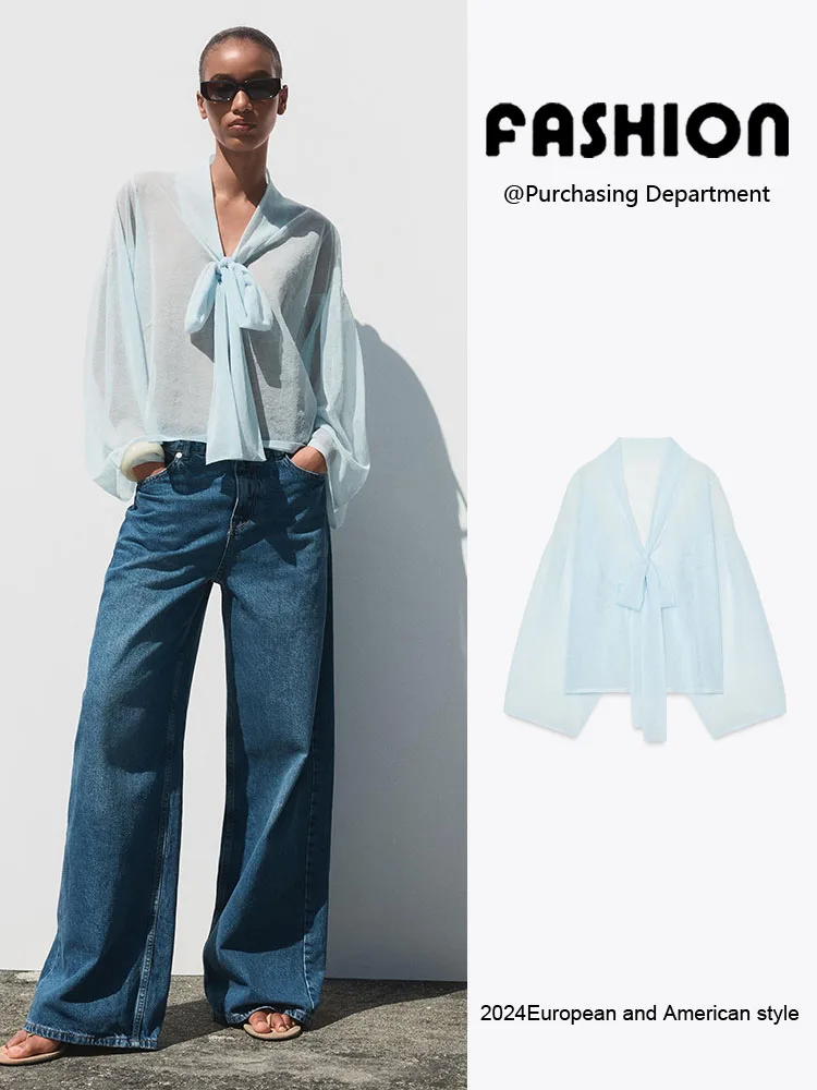 New Summer Women's Long Sve Knitted irt  Knot Decorated Versatile f Transparent Commute Sle Faionable La...